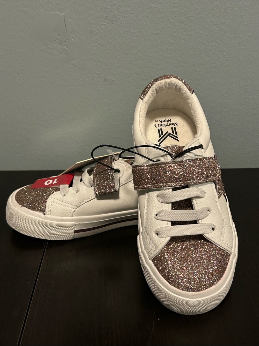 Kids White Sneakers with Rose Gold Glitter Strap